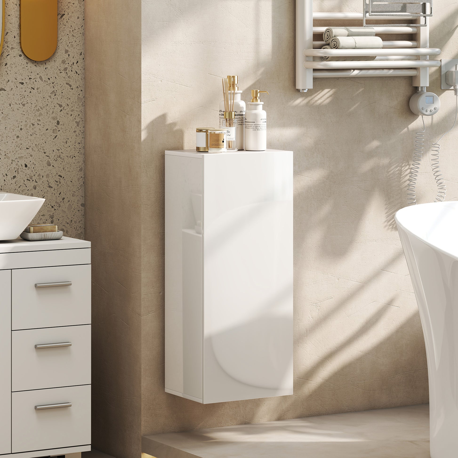 MobilettoPensile da Bagno con 2 Ripiani in Vetro Regolabili e Anta Senza Maniglia Bianco Lucido