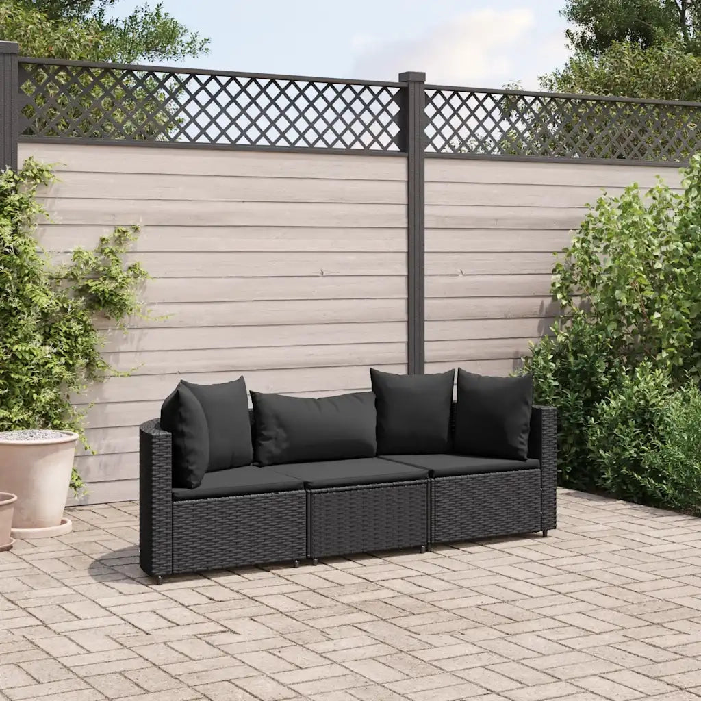 Set Divani da Giardino 3 pz | Set Salotto da Giardino con Cuscini in Polyrattan Nero