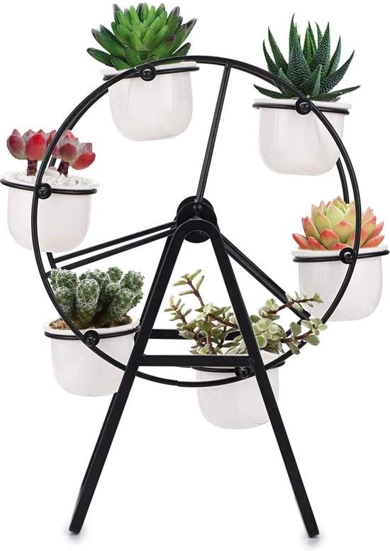 Pianta in piedistallo a ruota gigante per piante grasse, comprensivo di vasi ceramici, display eccezionale, mini-pianta su piedistallo con vasi (piante non incluse), nero