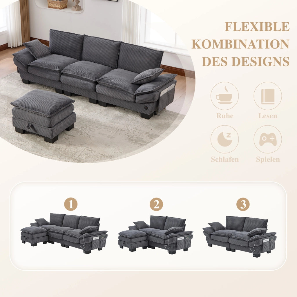 Divano modulare a 3 posti in velluto a coste con ampia seduta, pouf, porta USB-C e tasche laterali, grigio scuro