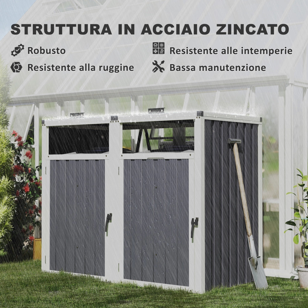 Copri Bidoni Spazzatura a 2 Sezioni con Coperchio Sollevabile, in Acciaio Zincato, 146x81x122 cm, Grigio Scuro