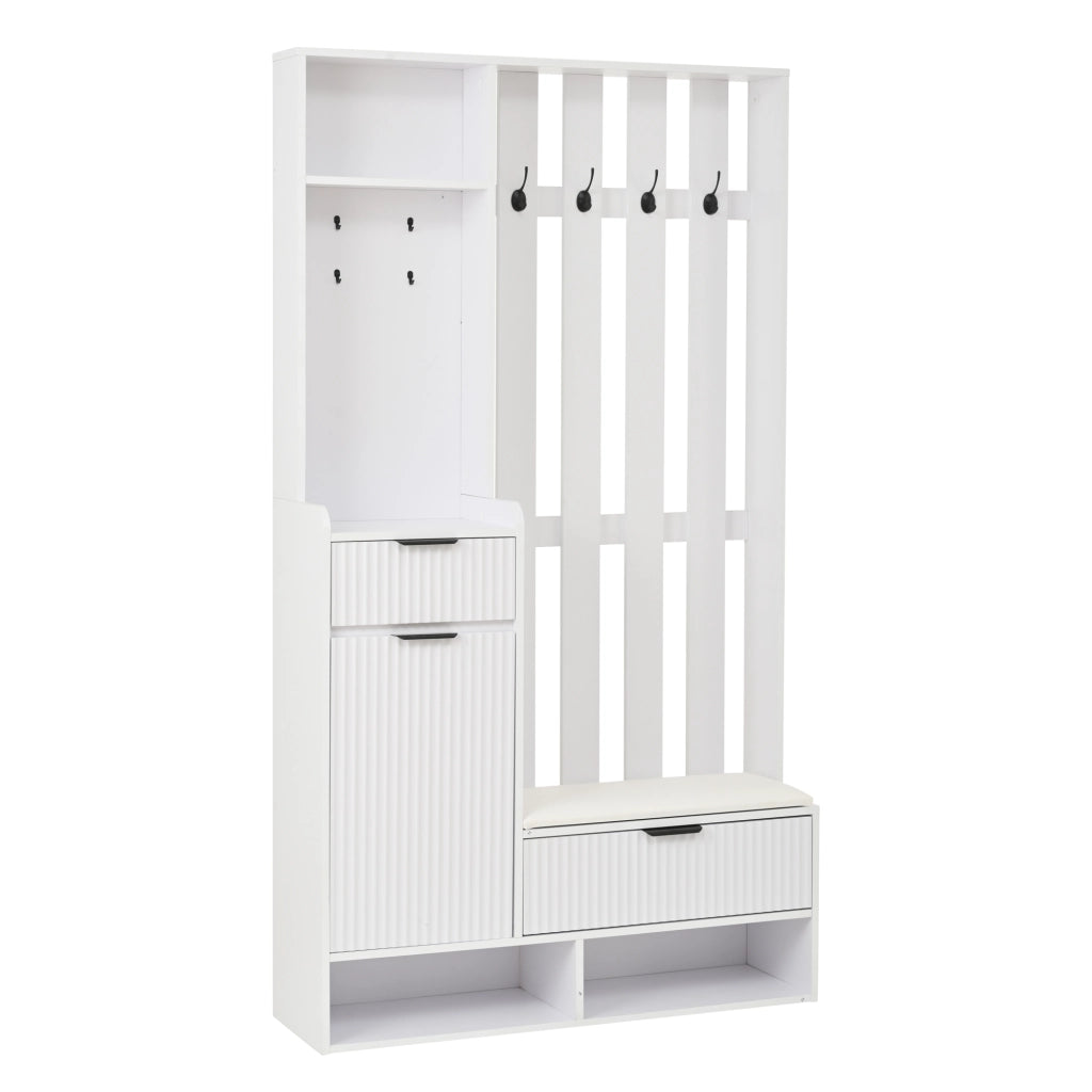 Mobile Ingresso con 8 Ganci; Panca Scarpiera; 2 Cassetti e 1 Armadio; Bianco; in Pannelli di Truciolare; 100×30×180 cm