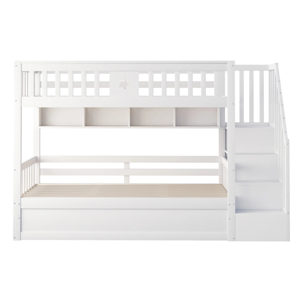 OKWISH Letto a castello 90×200 cm, Letto Singolo con Vano Contenitore Idraulico, Scaffali e Scala Contenitore, senza Materasso, Legno, Bianco