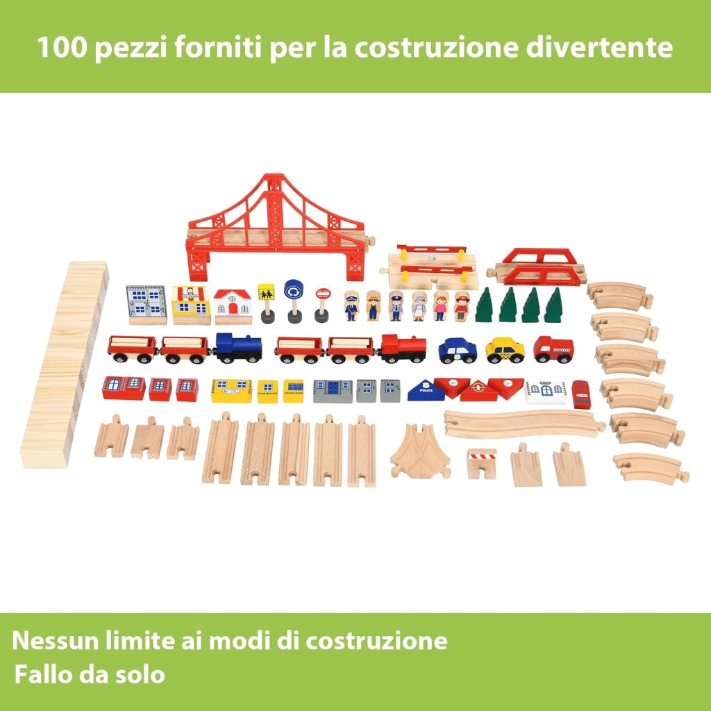 Set Tavolo di Legno con Binari Ferroviari per Bambini, Tavolo Attività e Cassetto con Ruote Bloccabili, con 100 Pezzi Multicolore, Struttura Resistente, Regalo per Bambini +3 anni