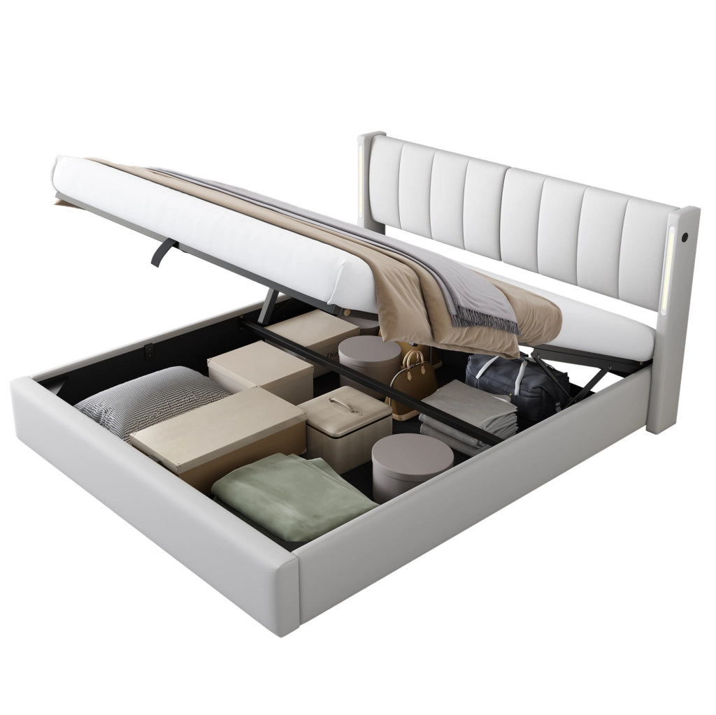 Letto matrimoniale 160x200 cm imbottito con LED; USB ricaricabile; contenitore e testiera regolabile; bianco