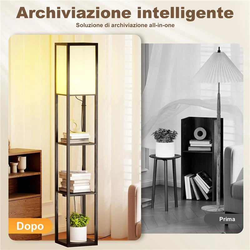 LAMPADA DA TERRA CON RIPIANI, LUCE REGOLABILE, INTERRUTTORE A PEDALE E PORTE USB, NERO