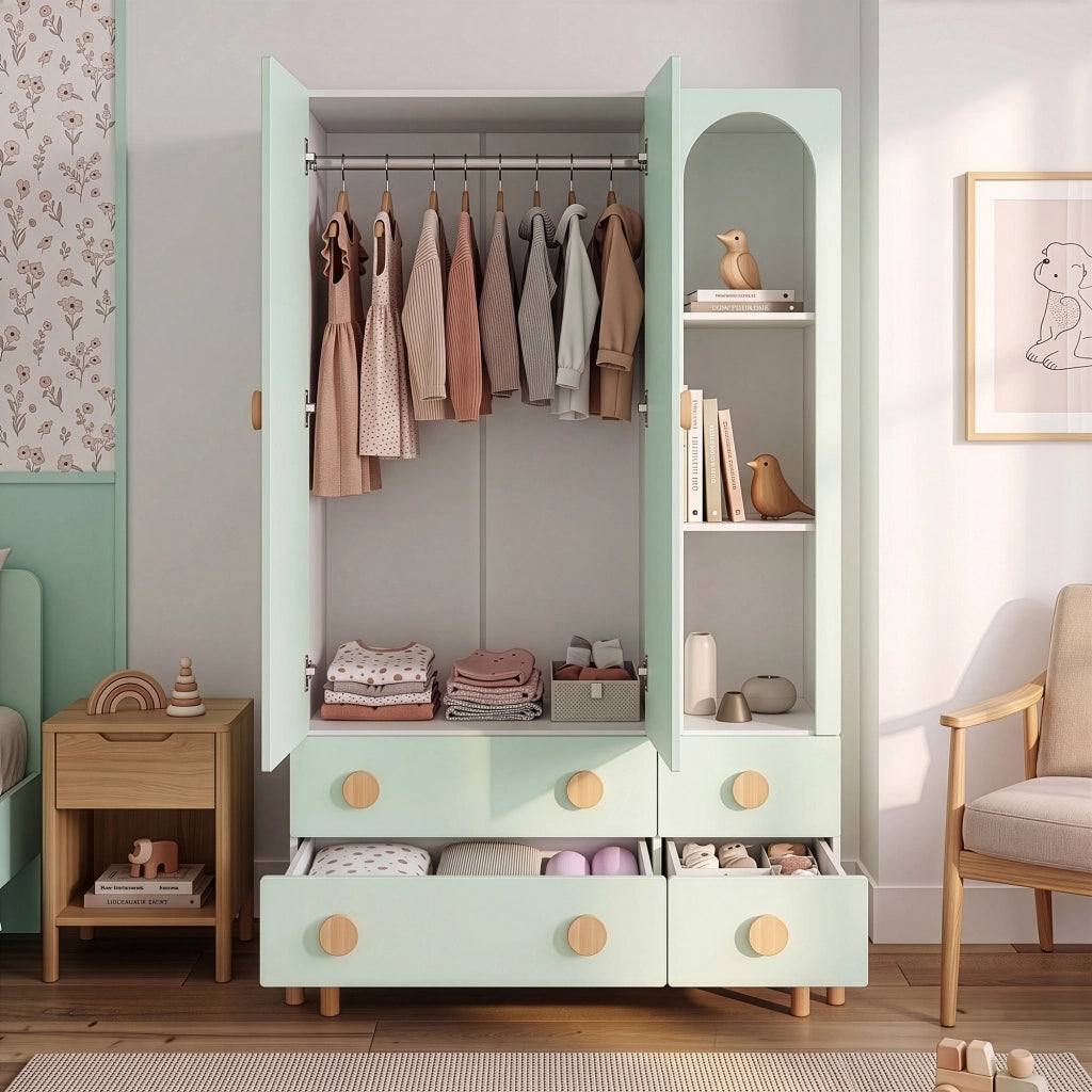 Armadio per Cameretta Vaarentaa a 2 Ante con 4 Cassetti e 3 Vani Aperti 156x90x41 cm - Bianco/Verde Menta [en.casa]