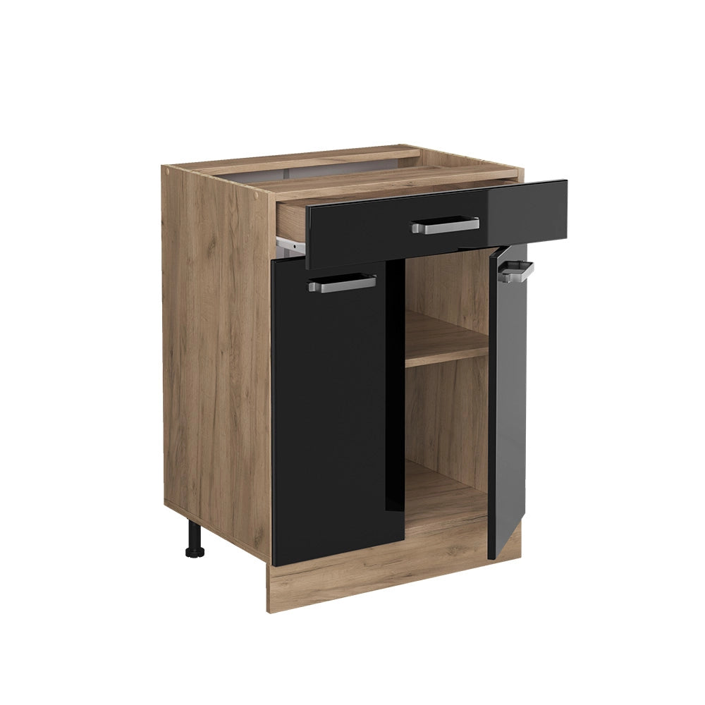 Vicco Mobiletto base per cucina Nero lucido 60 cm con cassetto, PL Rovere