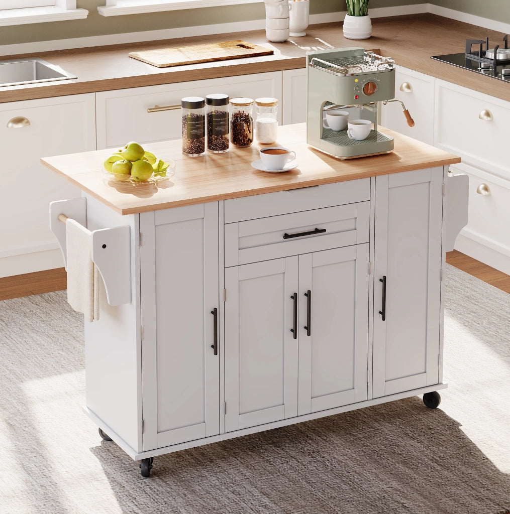 Isola cucina mobile 136x70x92 cm in MDF bianco e naturale con piano allungabile
