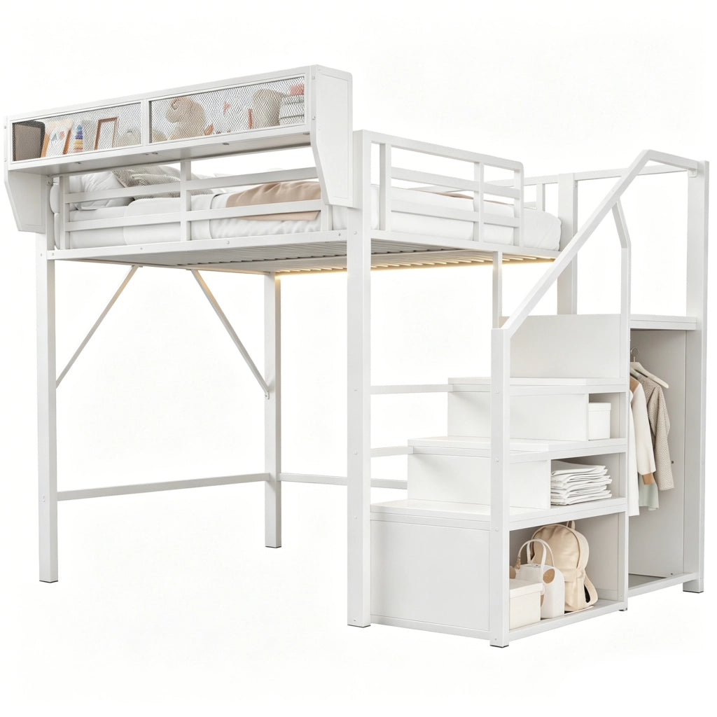 Letto a soppalco 140x200 cm con LED; scala di sicurezza e ripiani flessibili in metallo bianco