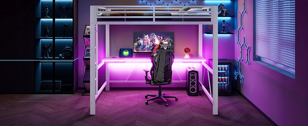 Letto da gioco 140x200 - Xylo - LED, USB, scrivania, bianco