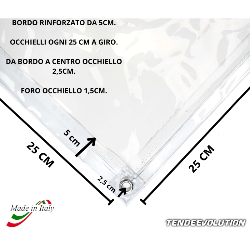 Telo PVC Cristal 5x2m, Spessore 0,65MM, 750g/m² - Trasparente IGNIFUGO con Occhielli 25cm - Resistente UV & Impermeabile - Made in Italy