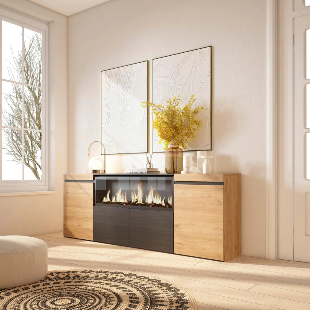 Credenza, Mobile, 208x35x75cm, 4 Porte, Camino elettrico XXL, colore Rovere e nero RF3220