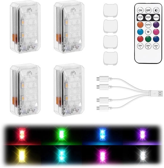 4 pezzi upgrade 500mah LED stroboscoop a batteria con telecomando, 8 colori impermeabile, illuminazione di emergenza ricaricabile, 11 LED ad alta luminosità, adatto per auto, motocicli, biciclette, drone e aeromobili