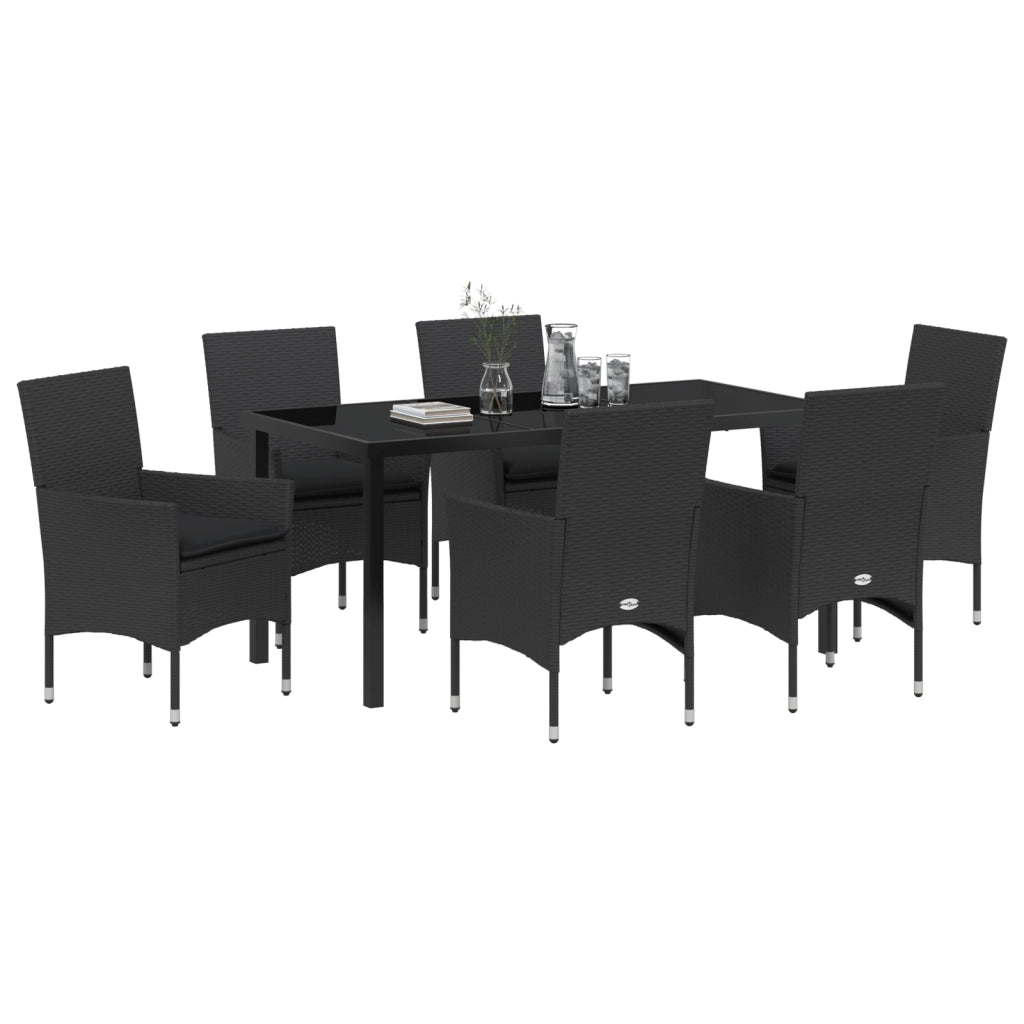 Set da Pranzo da Giardino  da 7 Pezzi con Cuscini Polyrattan Nero