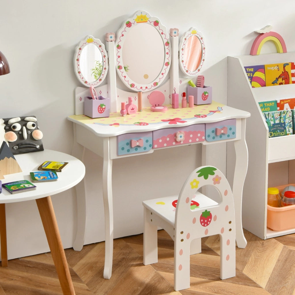 Set toeletta con specchio tripartito per bambini, Set tavolo e sedia con 3 cassetti 2 scatole sgabello Bianco-Toelette per bimbi