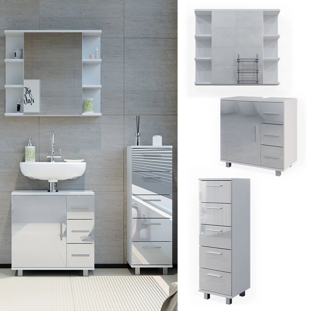 Vicco Set mobili bagno Bianco lucido 3 parti, con armadio midi