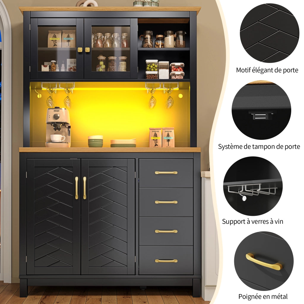 OKWISH Credenza da Cucina con Ante, Cassetti, Ripiani Interni e LED, Stile Retrò Moderno, in MDF, Nero, 105.5×40×180 cm