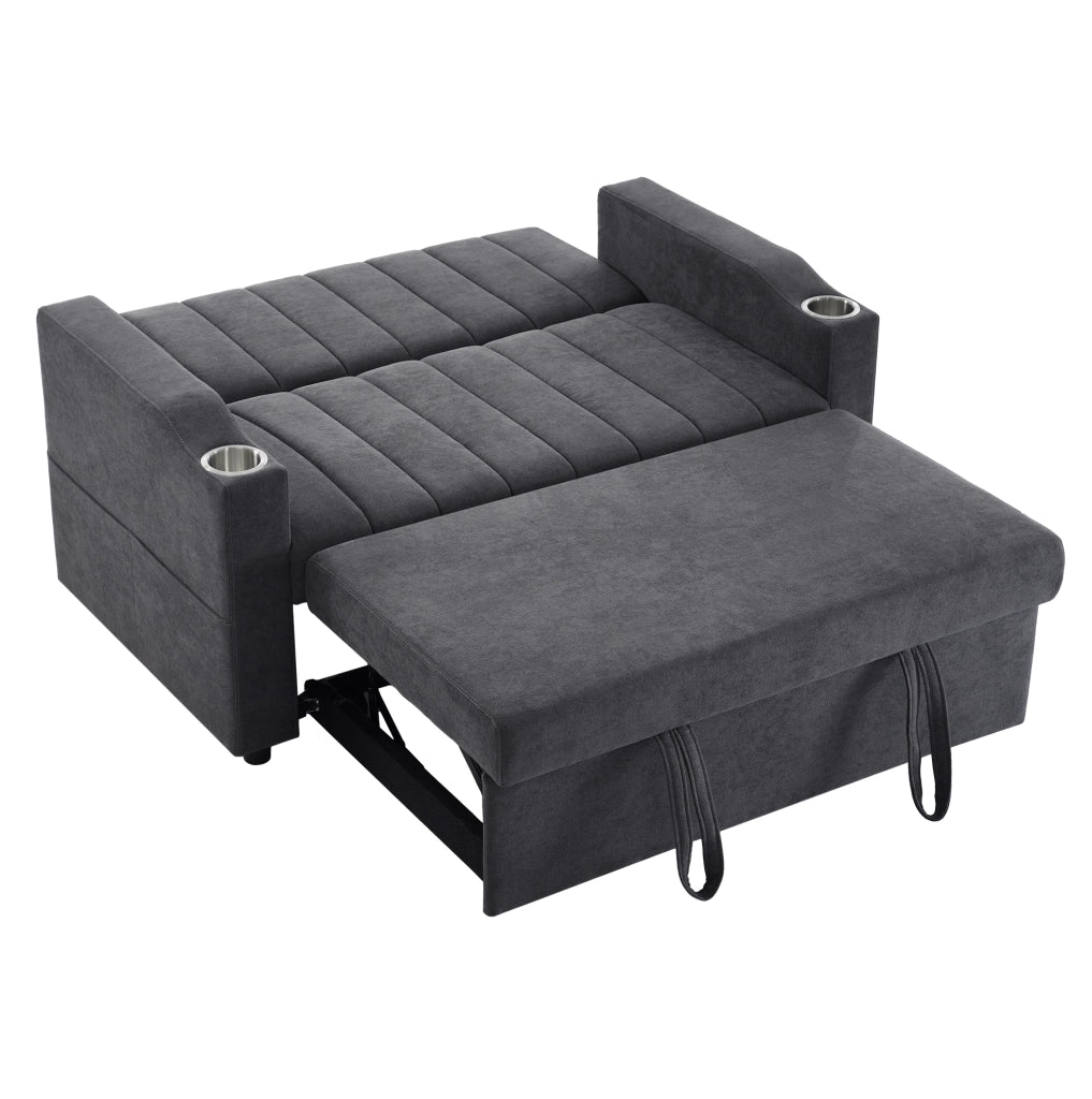 Divano letto 2 posti 136x162x84 cm in tessuto grigio con portabicchieri