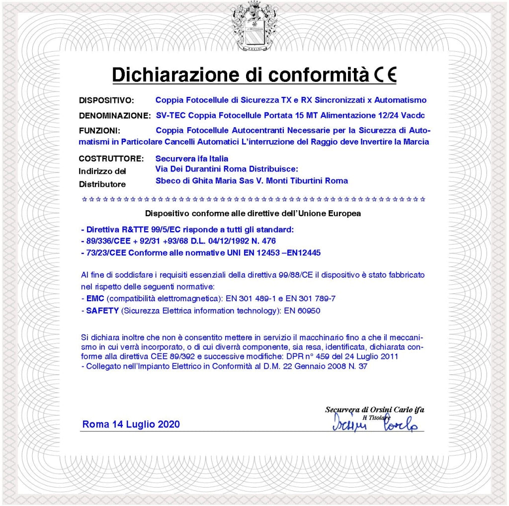 Fotocellule Sicurezza e Controllo Cancello Elettrico Automatico Coppia Un TX e Un RX Portata 15 Metri Montaggio a Parete o Palina Controllare Dimensioni in Foto Alimentazione 12/24 Vac Prodotto CE