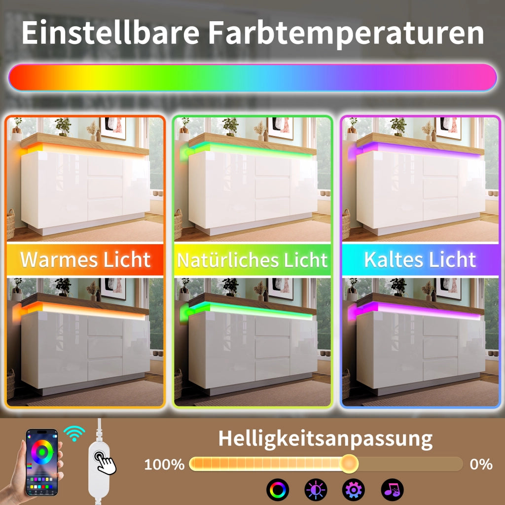 Madia con 2 Ante e 3 Cassetti e LED; Finitura Lucida; Stile Moderno; in Pannelli; Bianco; 140??39??81 cm