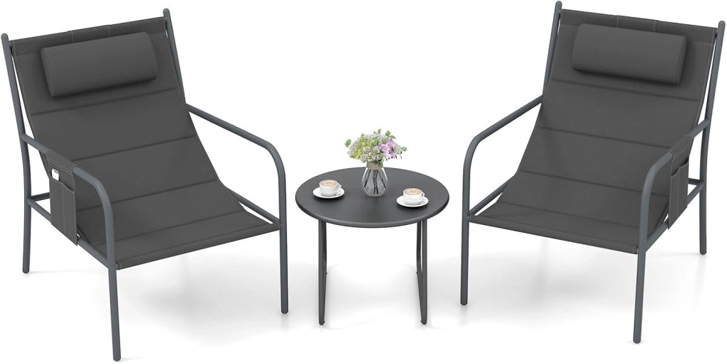 Set da Bistro per Giardino a 3 Pezzi, Sedie e Tavolino da Caffè in Metallo per Patio, Sedie con Poggiatesta, Set in Metallo per Cortile, Sedia Portata 150 kg, Tavolino Portata 50 kg