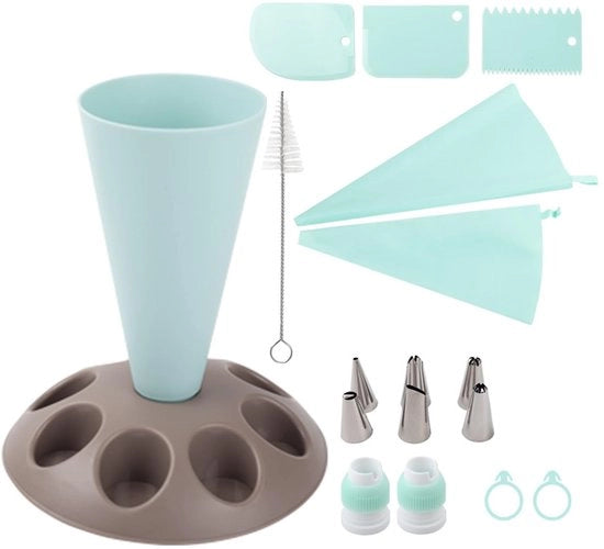 Supporto per sacchetti spray con 8 contenitori - Sacchetti spray - Bocchette spray - Anello di silicone - Resistenti al lavello - Polipropilene 19 x 21,6 cm - Decorazione per torte