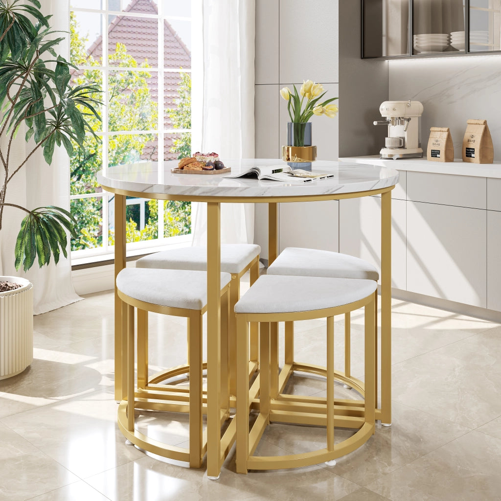Tavolo da pranzo rotondo per 4 persone con 4 sedie, piano in MDF, struttura in metallo, bianco e oro, 80 cm