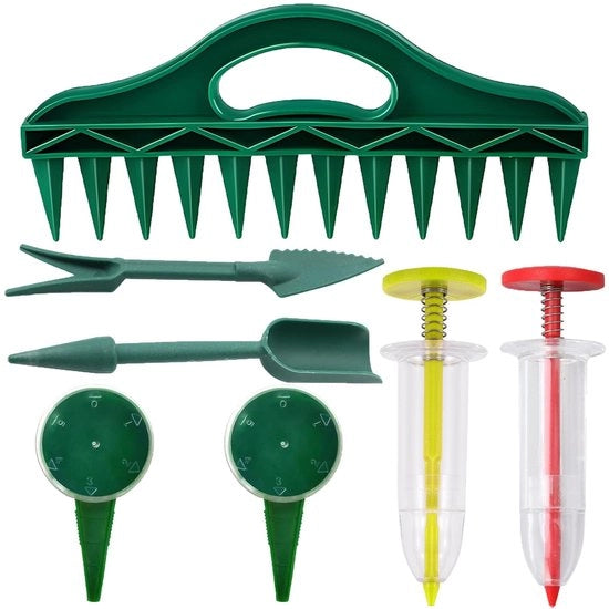 Set di 7 strumenti per giardinaggio e impianto di piante - aiutante per la semina con seminatrice regolabile, aiutante per la piantagione per l'orto, coltivazione di verdure per seminare in giardino, smobilizzazione del terreno e irrigazione