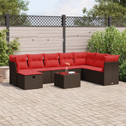 Set Divani da Giardino 9pz con Cuscini Marrone in Polyrattan