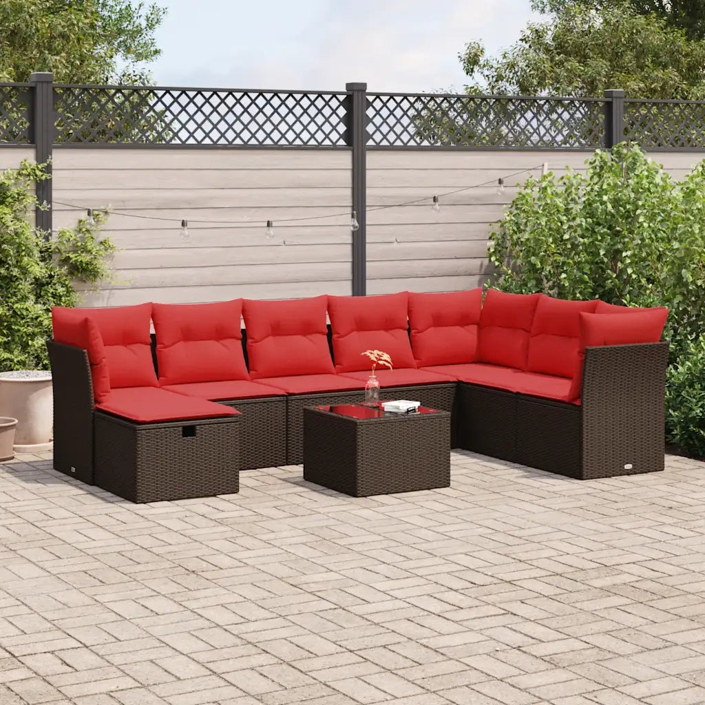 Set Divani da Giardino 9pz con Cuscini Marrone in Polyrattan