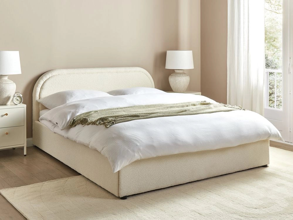 Letto matrimoniale EU Light Beige Boucle 160 x 200 cm Struttura imbottita Poggiatesta con contenitore