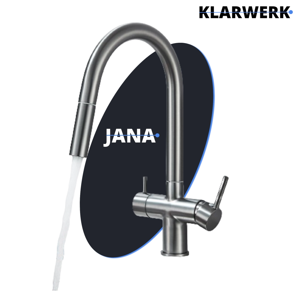 Jana | Raccordo estensibile premium a 3 vie grigio titanio opaco | Rubinetto osmosi da cucina in acciaio inox |. Filtro 3 connessioni ad arco alto