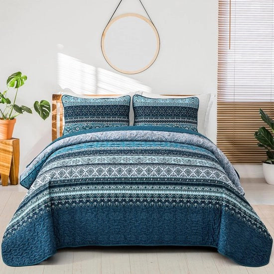 Duvet 240x260 Duvet Boho Coperta 3-delic Letto matrimoniale Coperta Gewatteerd con 2 Cuscini copri 50x75 per Camera da letto come Coperta da divano (Blu scuro)