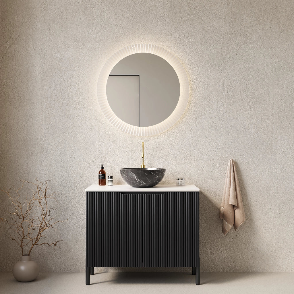 Mobile sottolavabo da bagno con lavabo in ceramica e piano in pietra sinterizzata, 2 ante, nero, 76 × 48 × 89 cm