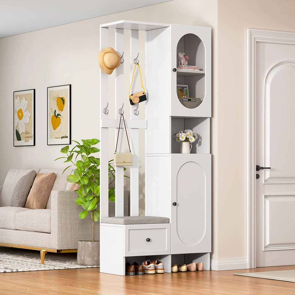 Armadio ingresso compatto 2 ante 85x33.5x200 cm - Xylo - con vetro temperato, panchina imbottita, bianco