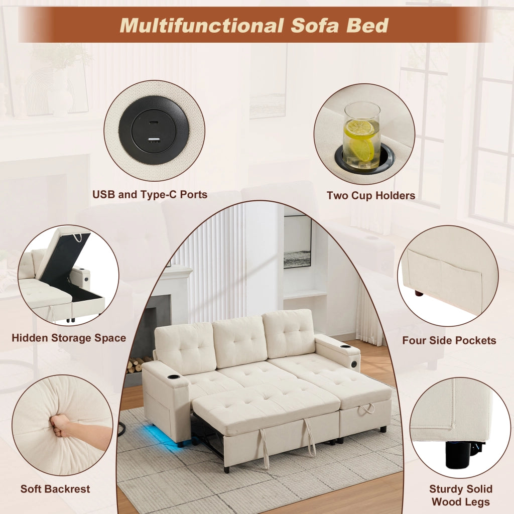 Divano letto angolare 3 posti con contenitore; LED; USB e portabicchieri in tessuto beige