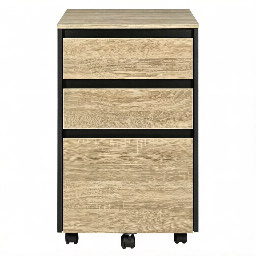 Mobile archivio con ruote, 1 vassoio e 3 cassetti, 40x40x70 cm, nero e rovere chiaro