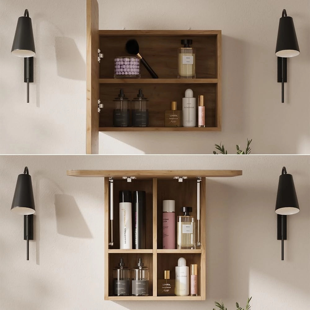 Specchio contenitore bagno Zino, Quercia dorata, 60 x 50 cm con ripiani