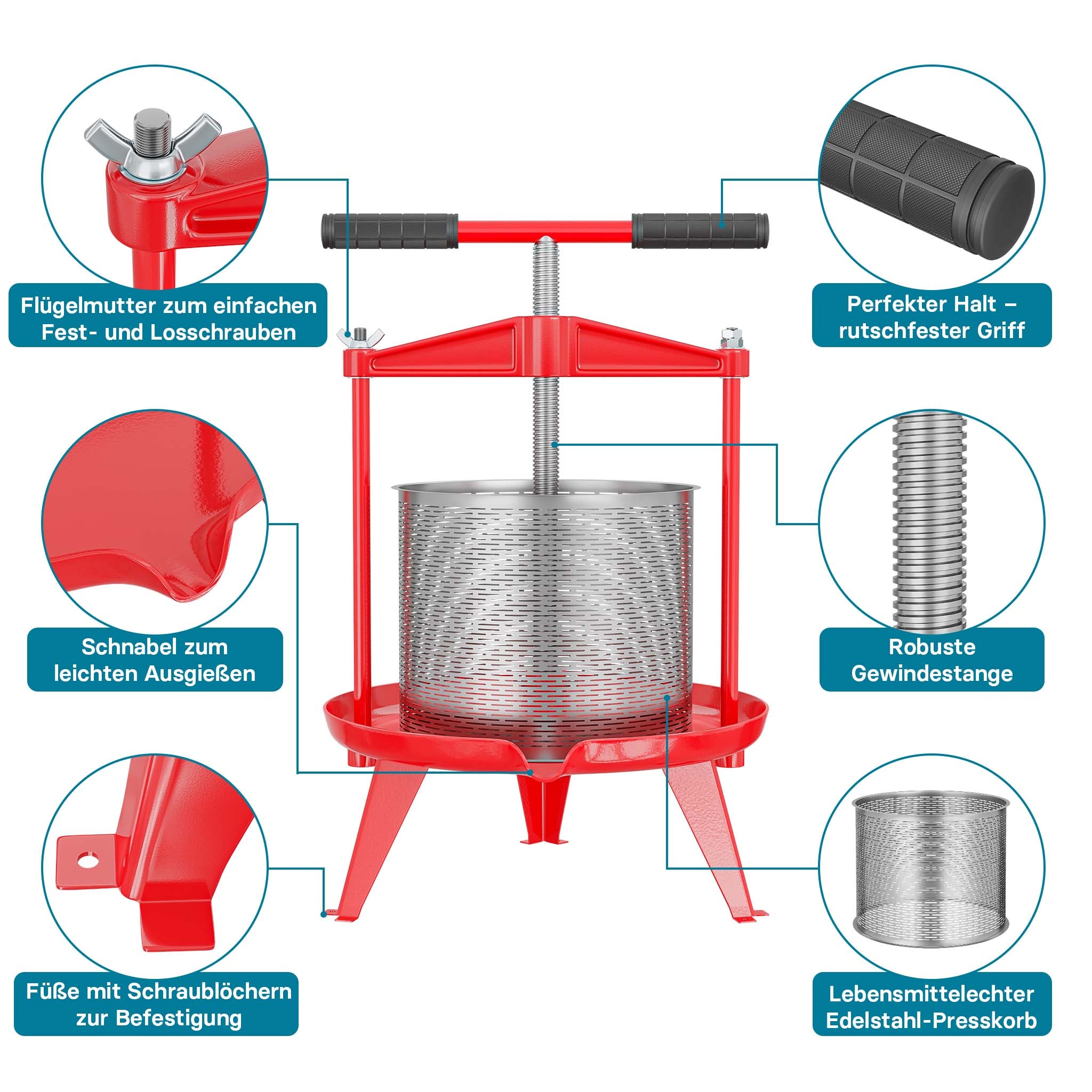 Torchio frutta da 14 litri, cestello in acciaio inox, con treppiede e beccuccio