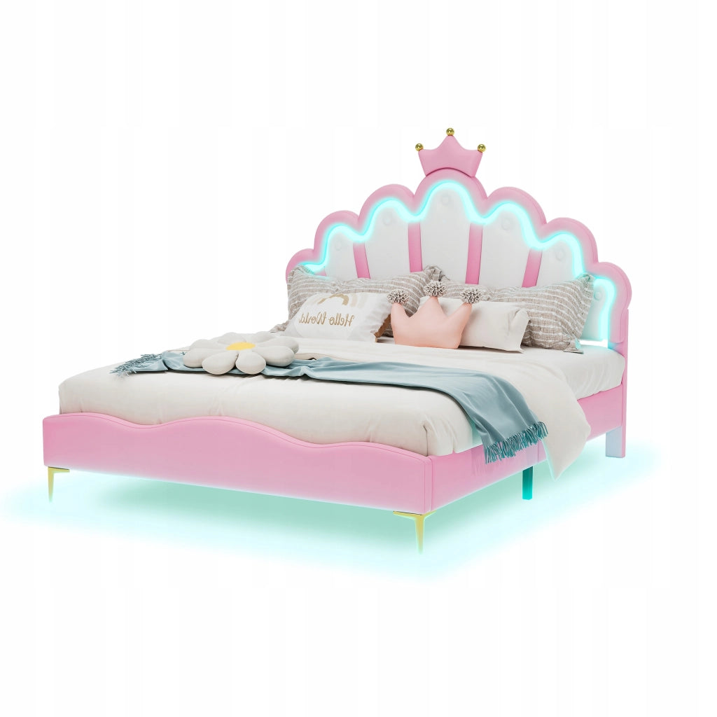Letto 140x200 rosa con corona e LED - Xylo - Senza materasso