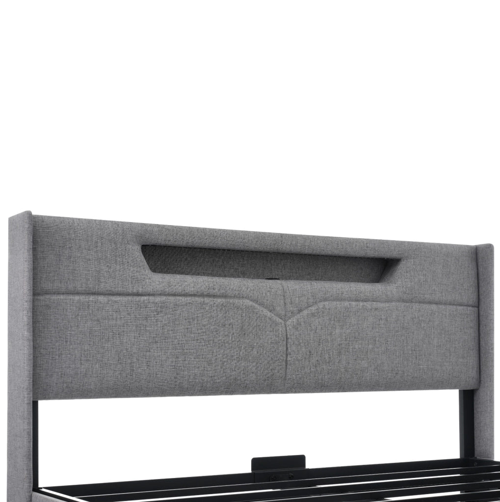Letto matrimoniale contenitore LED con USB e Type-C 140x200 cm in lino grigio