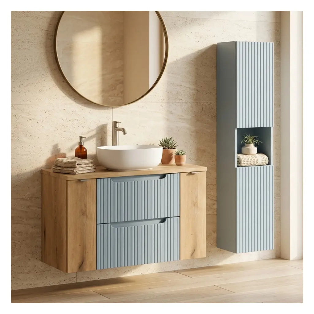 Insieme sospeso VANO blu denim e rovere chiaro 130cm: mobili sotto lavabo con cassetti e armadietti + piano per lavabo + colonna