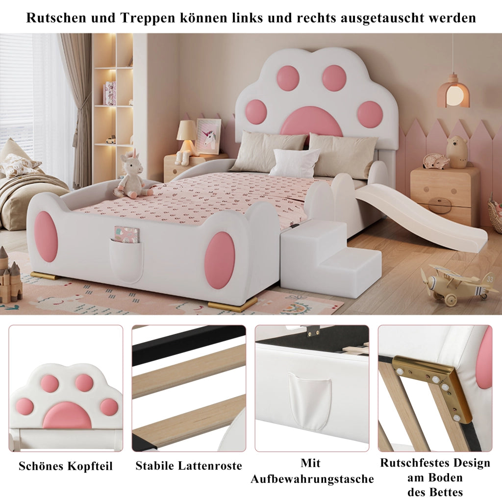 DESMIU Letto per bambini 90 × 200 cm con scivolo, scala a 2 gradini e tasca, senza materasso, in PU, bianco e rosa