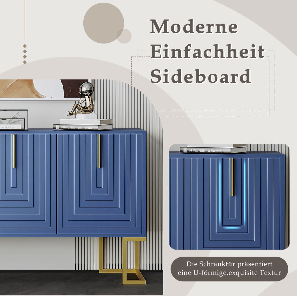 Credenza moderna 3 ante blu navy con ripiani regolabili; maniglie dorate e base in metallo
