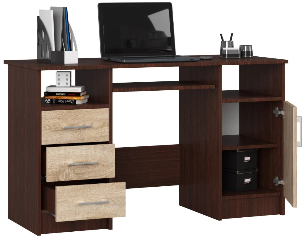 Scrivania AKORD ANA Wengé 124 cm 1 anta 3 cassetti inserto frontale Sonoma Quercia 124x52x74 cm