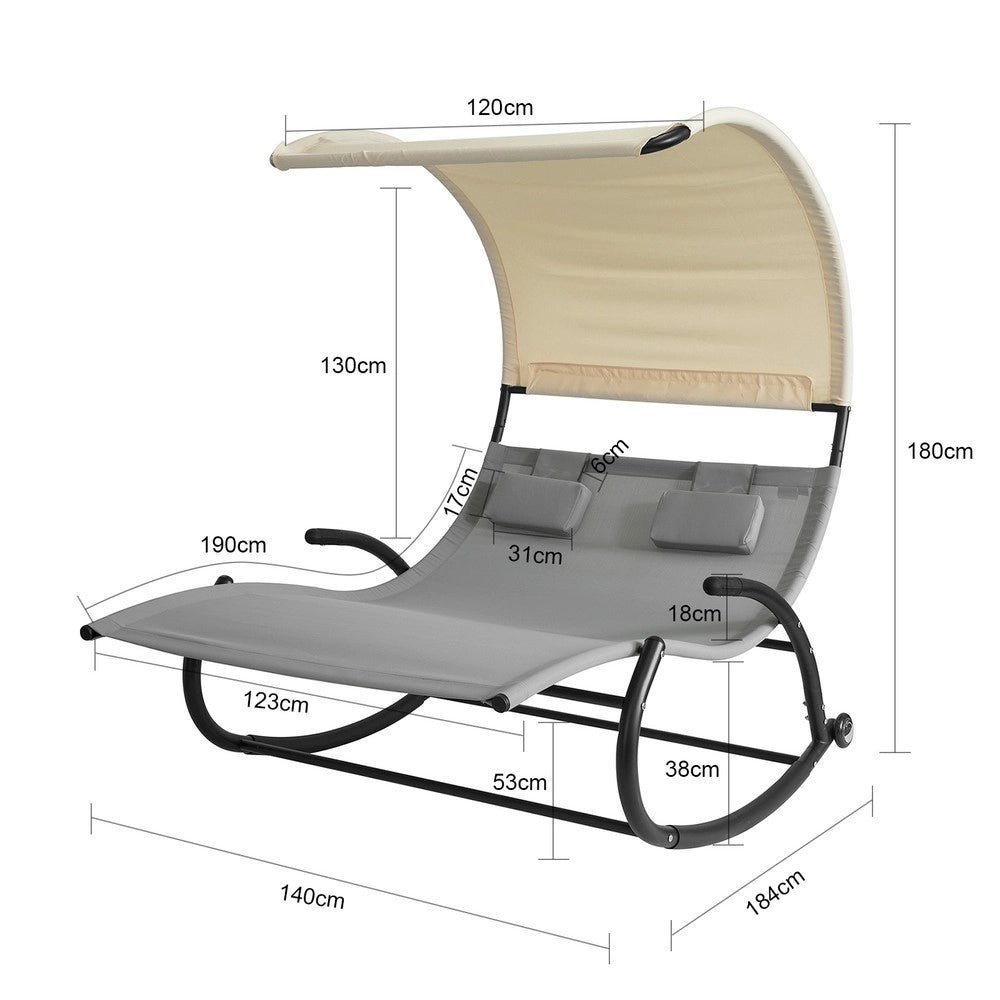 SoBuy Sdraio dondolo da giardino 2 Posti con 2 Cuscini e Tettuccio Sdraio prendisole per esterni Grigio 140x184x180 cm OGS50-HG