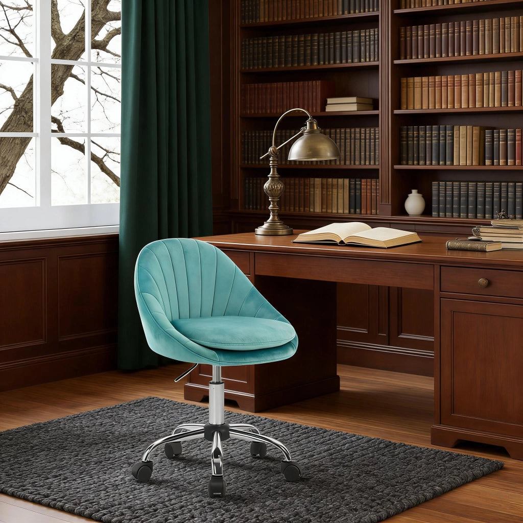 Sedia da ufficio ergonomica girevole 360° in velluto turchese con altezza regolabile