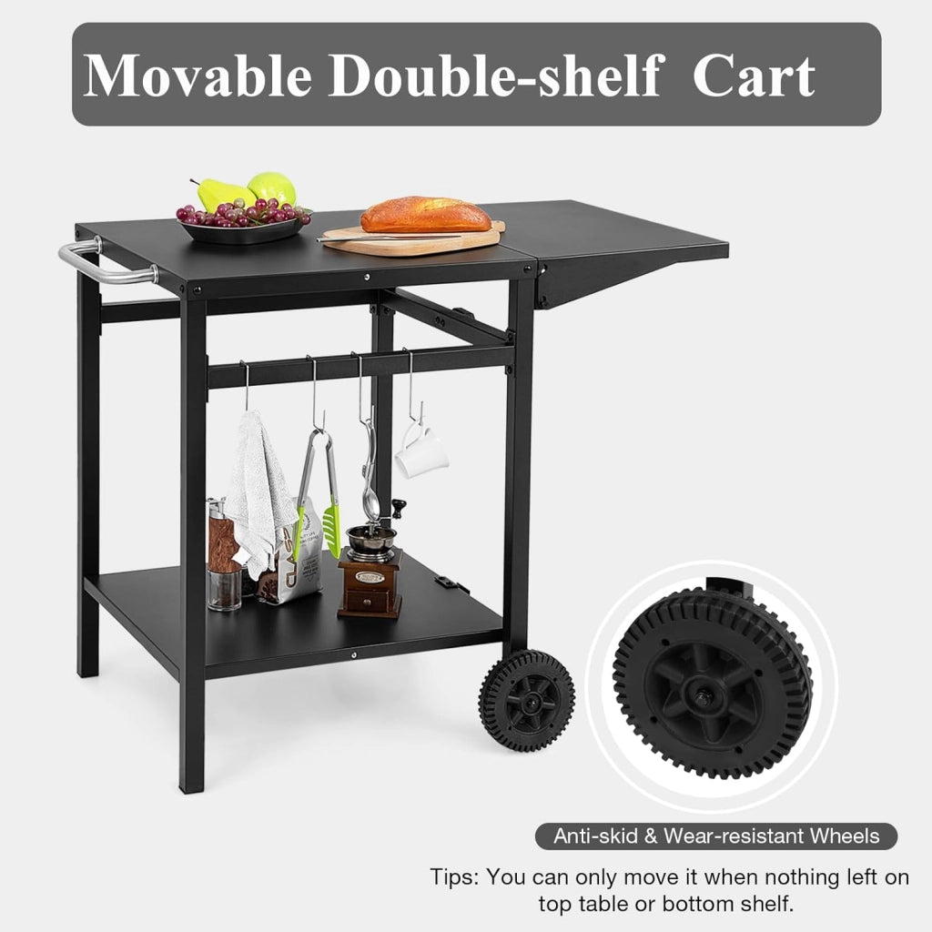 Carrello Cucina con Laminati Pieghevoli, 4 Ganci Extra e 2 Ruote, Scaffale Cucina in Metallo per Grigliate, Carrello per Barbecue, Carrello di Servizio per Giardino, 96,5 x 64 x 75,5 cm