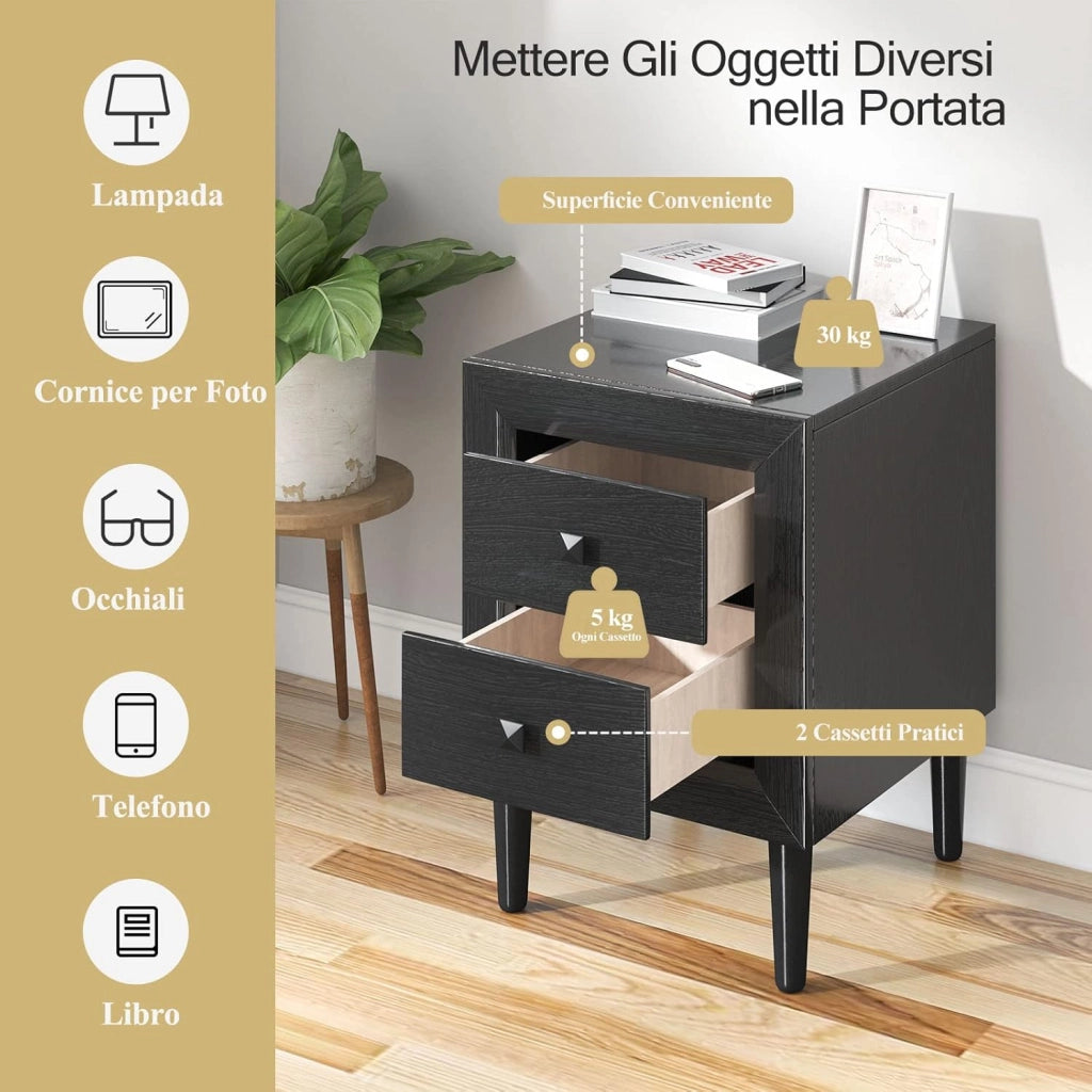 COSTWAY Comodino 40 x 39,5 x 55cm con 2 Cassetti, Tavolino Moderno da Salotto con Solide Gambe in Legno di Gomma, Mobile per Ufficio, Salone e Camera da Letto (2 x Nero)